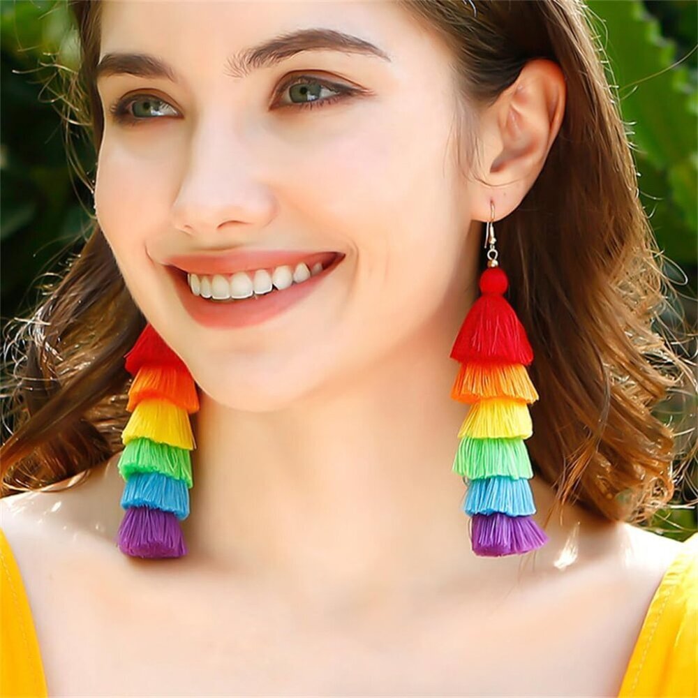 3 Tier Layered Colorful Tassel Earrings Bohemian Big Dangle Drop Fashion Jewelry - Picture 5 of 5
